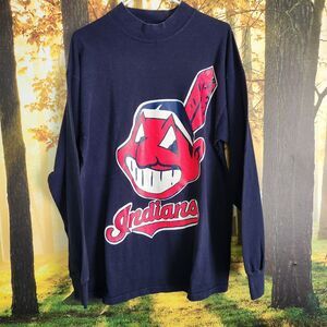VTG Cleveland Indians Cheif Wahoo XL Baseball Long Sleeve Tshirt Mock Turtleneck